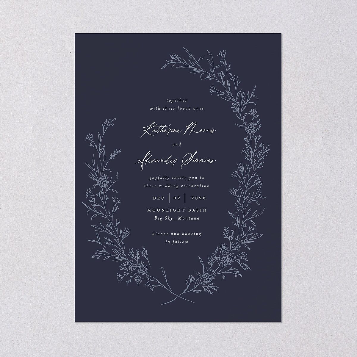 Romantic Branches Wedding Invitations Navy Signature Blank No Standard