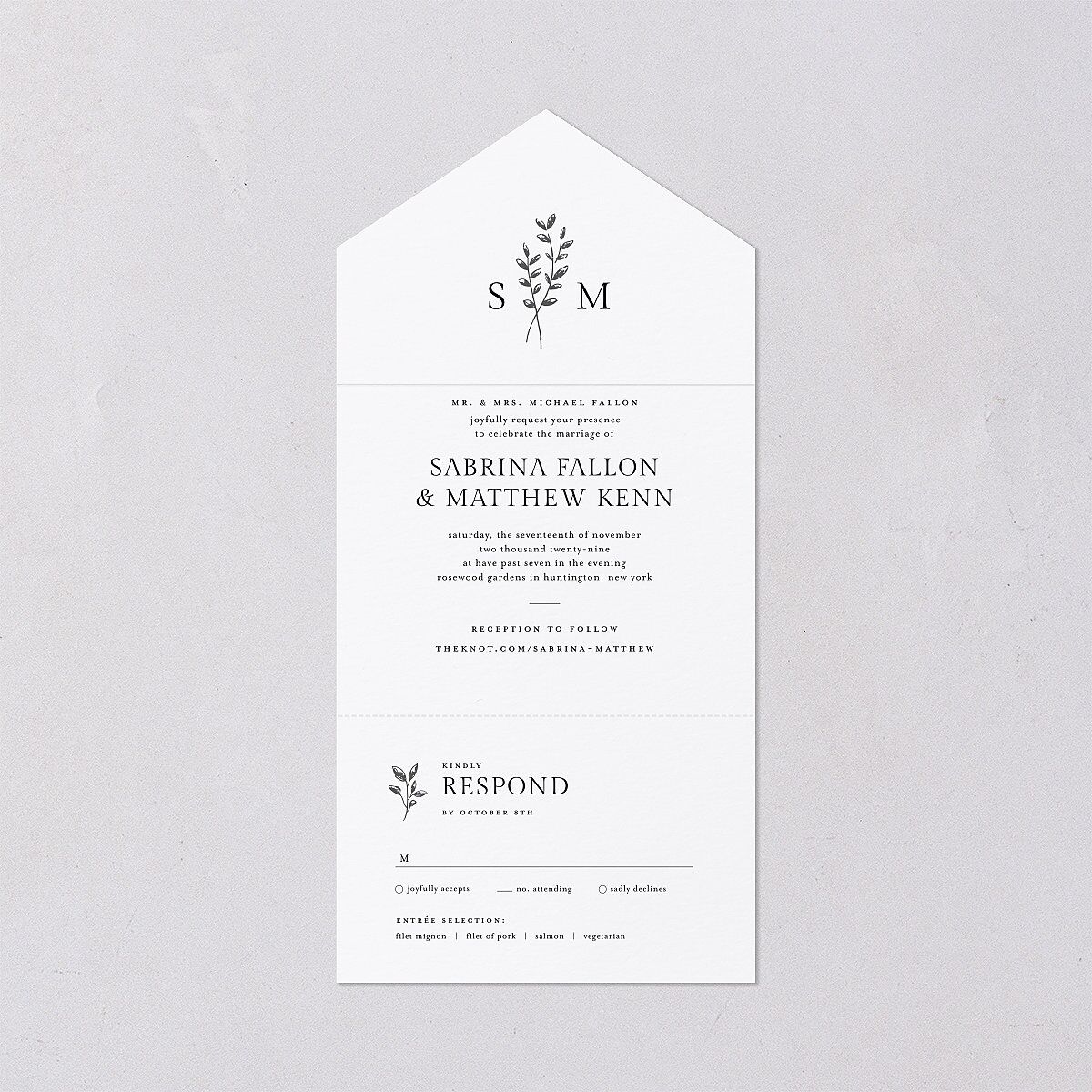 Elegant Botanical Initials All-in-One Wedding Invitations Pure White Signature Light Both Recipient and Return Addresses No