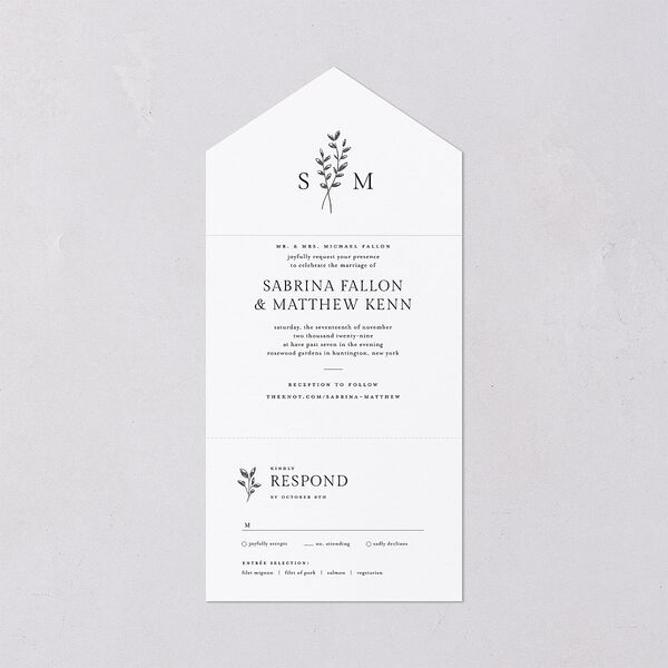 Elegant Botanical Initials All-in-One Wedding Invitations Pure White Signature Light Both Recipient and Return Addresses No