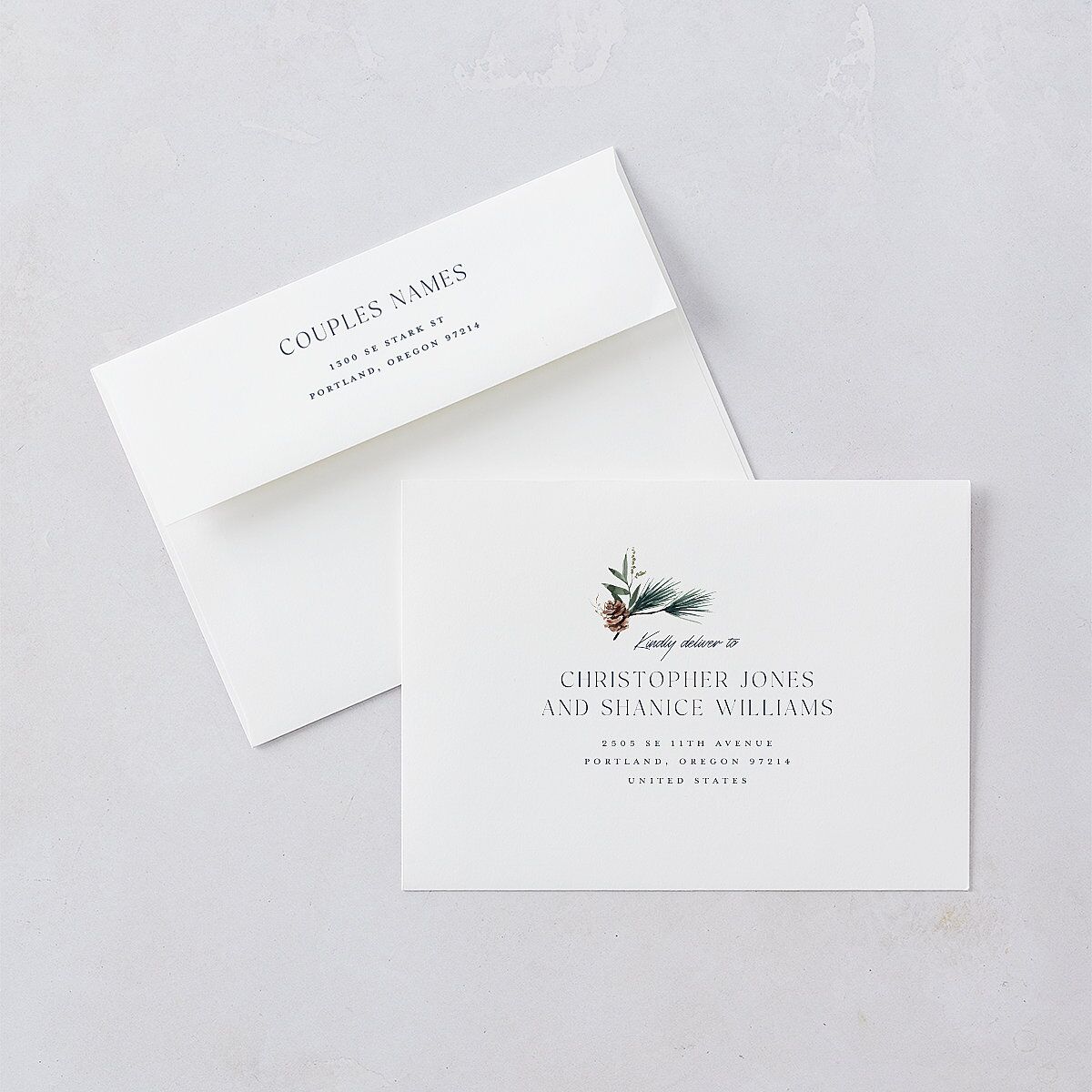Rustic Pine Rehearsal Dinner Invitation Envelopes — view 1