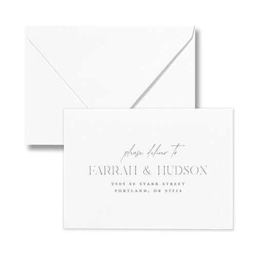 Minimalist Accent Leaf Response Card Euro Envelopes White Dusty Blue Return Address Luxe