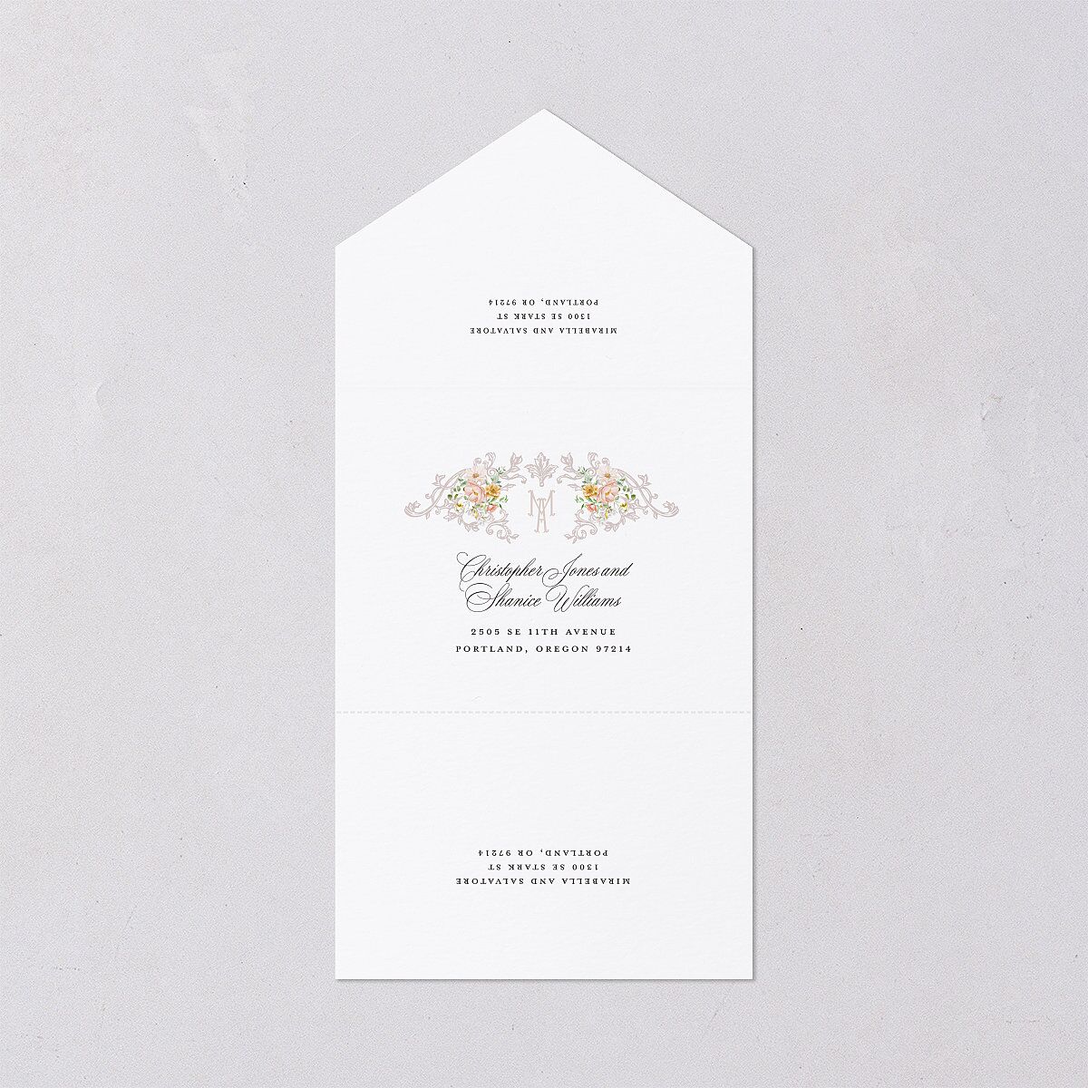 Elegant Floral Regency All-in-One Wedding Invitations Pink Cotton Signature Light Both Recipient and Return Addresses No