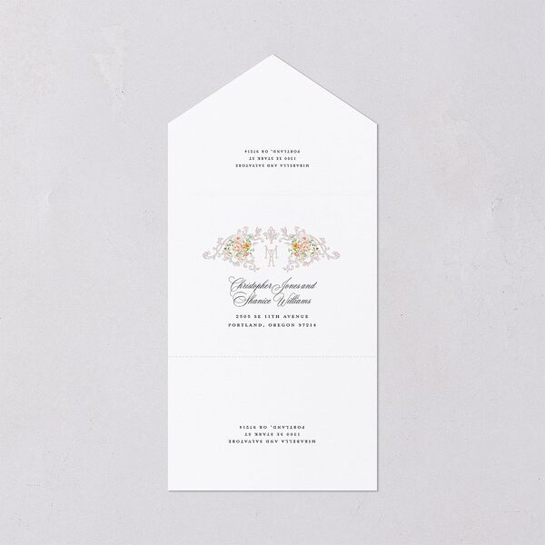 Elegant Floral Regency All-in-One Wedding Invitations Pink Cotton Signature Light Both Recipient and Return Addresses No