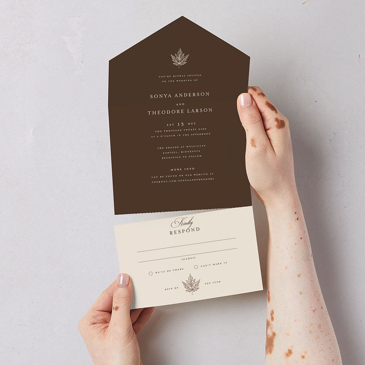 Simple Rustic Fall Leaf All-in-One Wedding Invitations Deep Bronze Signature Light Both Recipient and Return Addresses No