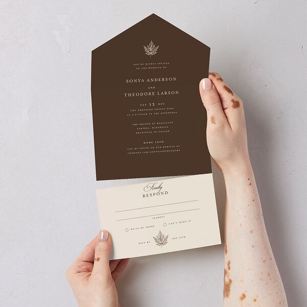 Simple Rustic Fall Leaf All-in-One Wedding Invitations Deep Bronze Signature Light Both Recipient and Return Addresses No