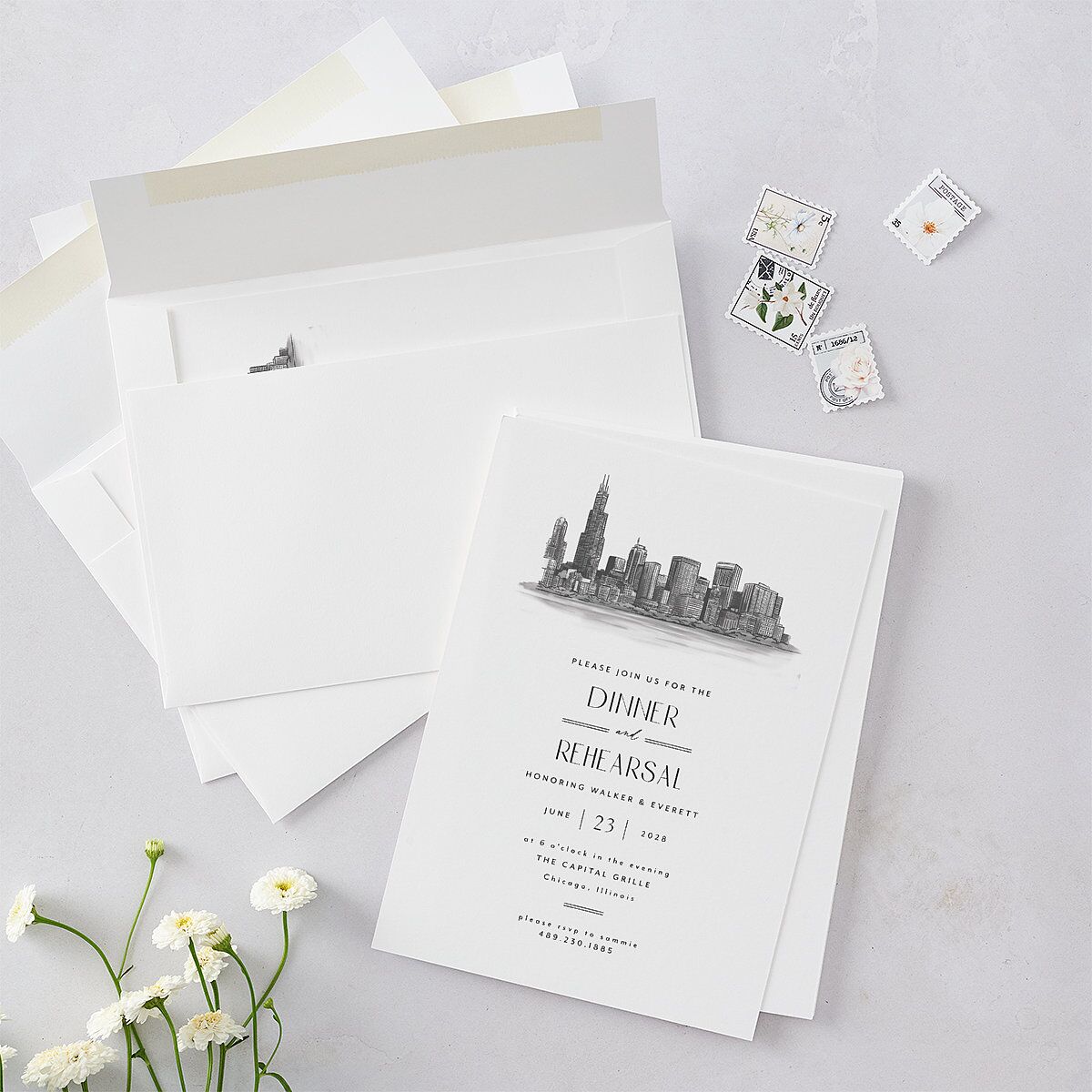 Watercolor Chicago Rehearsal Dinner Invitations Licorice Signature Blank Standard