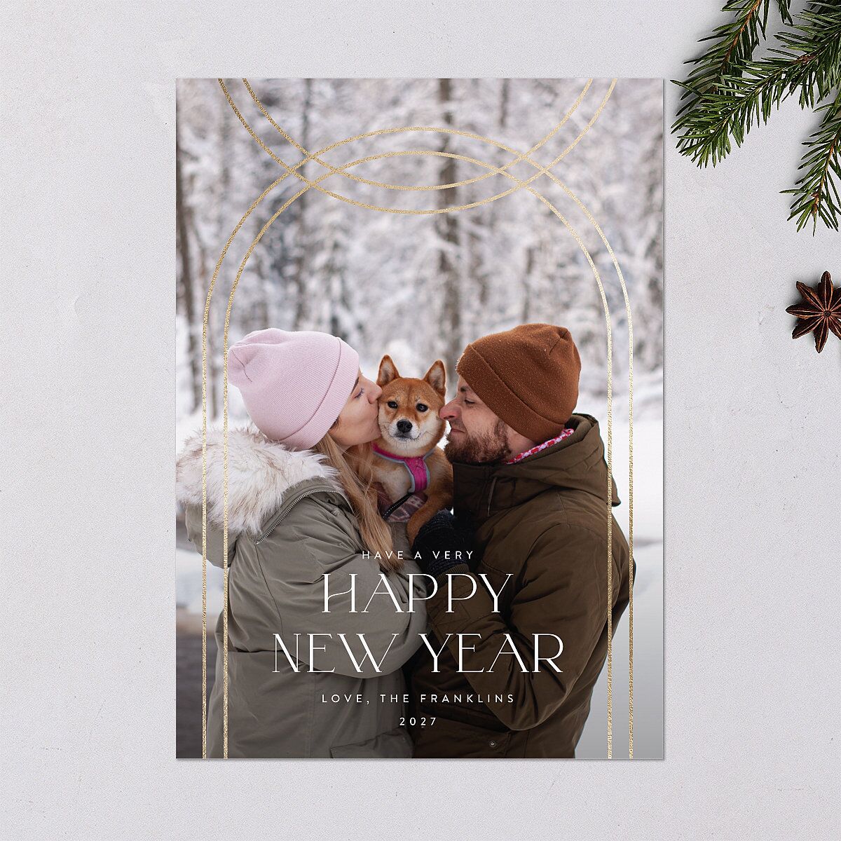 New Years Arch Holiday Cards Gold Pure White Signature Blank Standard Portrait