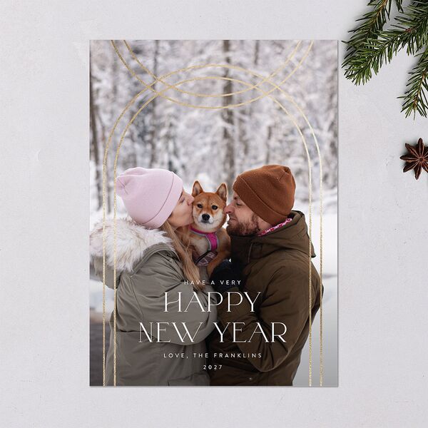 New Years Arch Holiday Cards Gold Pure White Signature Blank Standard Portrait