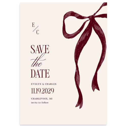 Whimsical Hand Drawn Bow Save the Date Cards Burgundy Signature smooth Blank No Standard