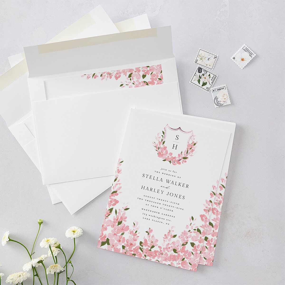 Delphinium Crest Wedding Invitations Shell Pink Signature Blank No Standard
