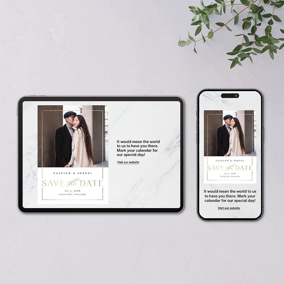 Elegant Frame Digital Save the Date Cards Gold Pure White Dusty Blue Lets Celebrate Standard