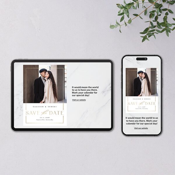 Elegant Frame Digital Save the Date Cards Gold Pure White Dusty Blue Lets Celebrate Standard