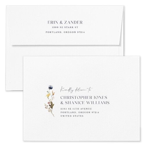 Simple Bohemian Wildflowers Bridal Shower Invitation Envelopes Dark Navy White Both Recipient and Return Addresses Signature Standard
