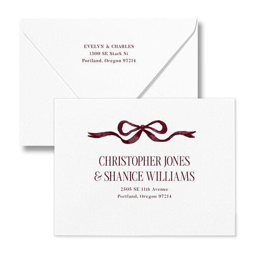 Whimsical Hand Drawn Bow Save the Date Petite Card Euro Envelopes White Burgundy Both Recipient and Return Addresses Luxe Signature