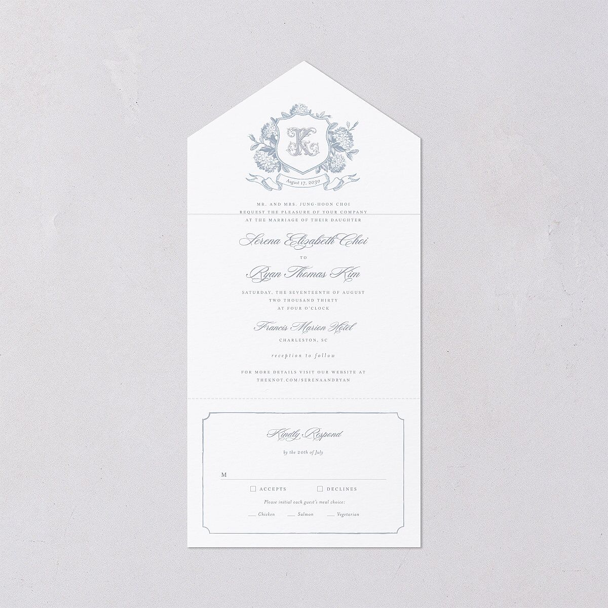Vintage Hydrangea Garden Crest All-in-One Wedding Invitations Slate Signature Light Both Recipient and Return Addresses No