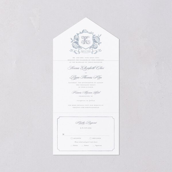 Vintage Hydrangea Garden Crest All-in-One Wedding Invitations Slate Signature Light Both Recipient and Return Addresses No