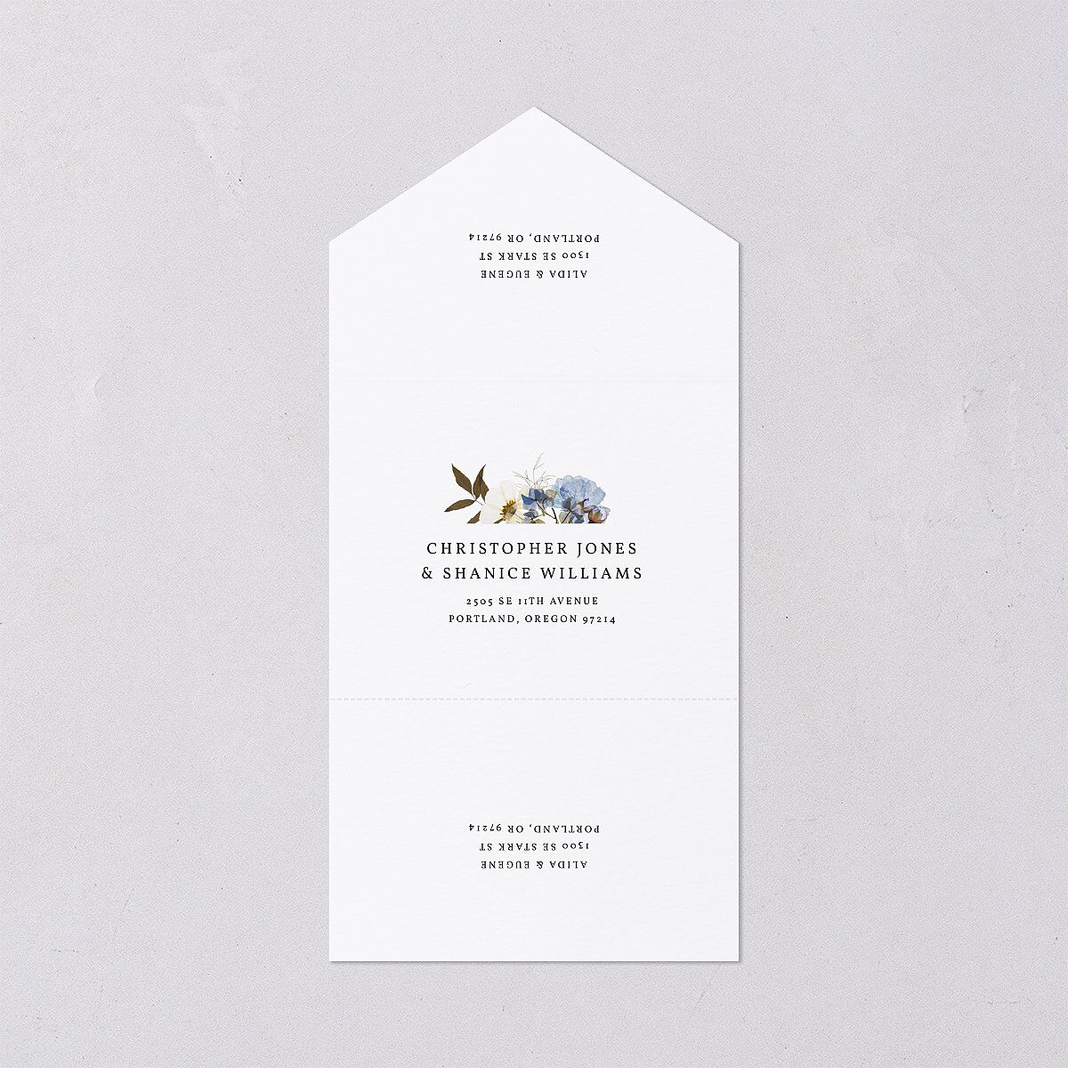 Pressed Flowers All-in-One Wedding Invitations Regency Blue Signature Light Both Recipient and Return Addresses No