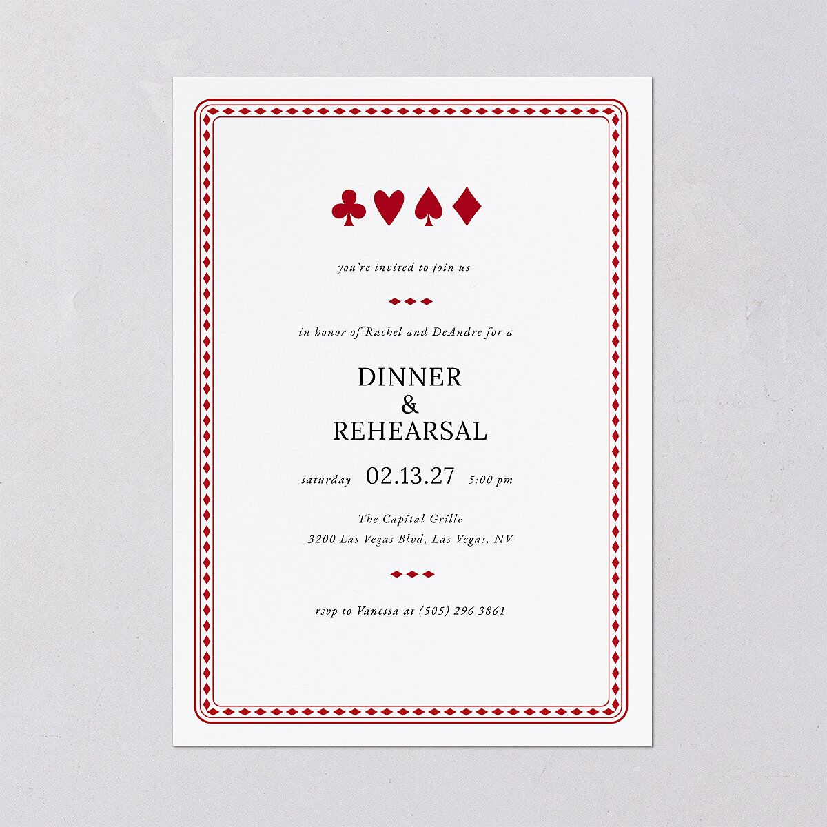 Las Vegas Playing Card Rehearsal Dinner Invitations Jewel Red Signature Blank Standard
