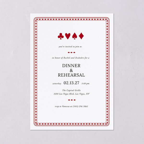 Las Vegas Playing Card Rehearsal Dinner Invitations Jewel Red Signature Blank Standard