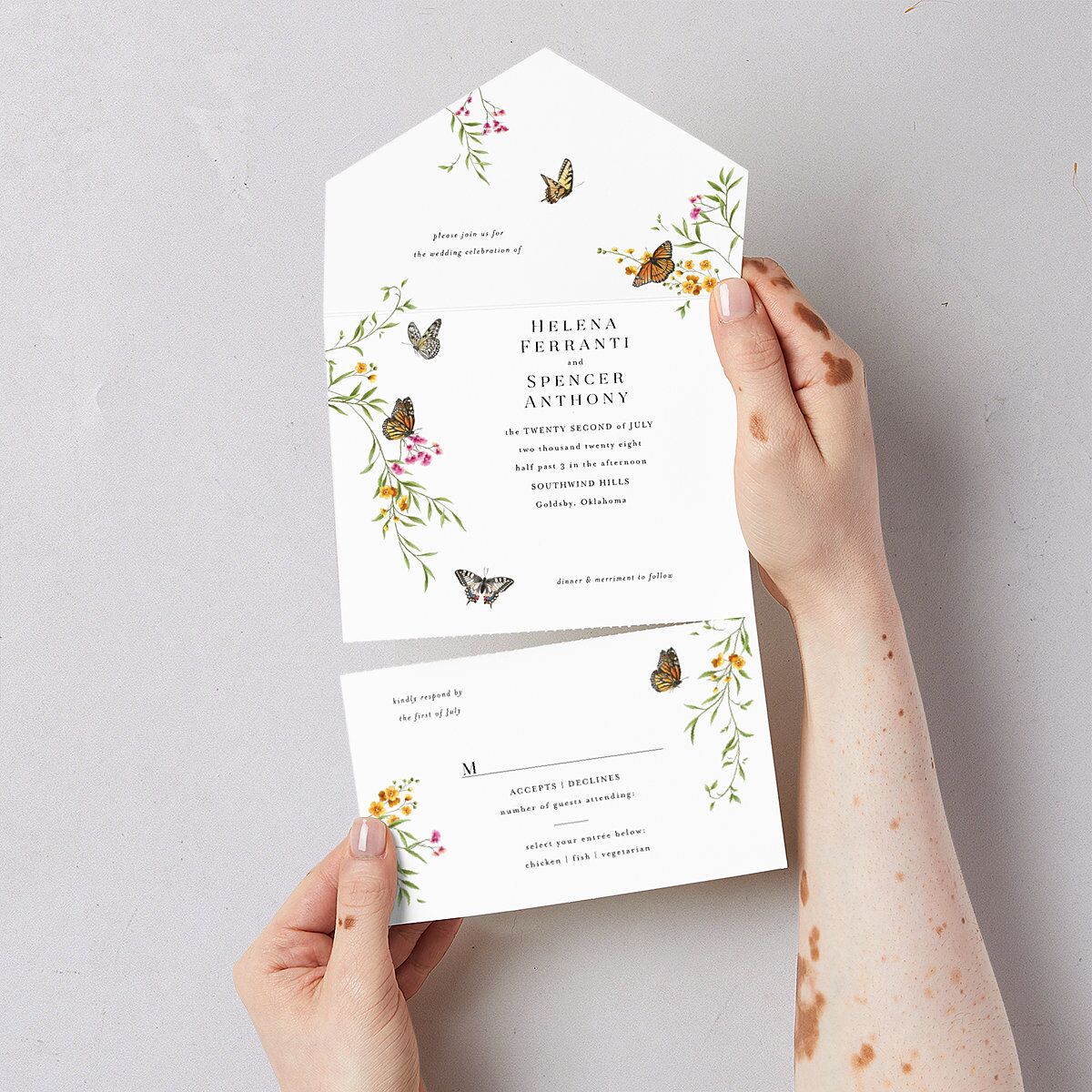 Rustic Butterflies All-in-One Wedding Invitations Pure White Signature Light Both Recipient and Return Addresses No