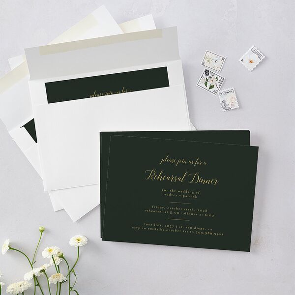Marble and Gold Rehearsal Dinner Invitation Dark Emerald Signature Blank
