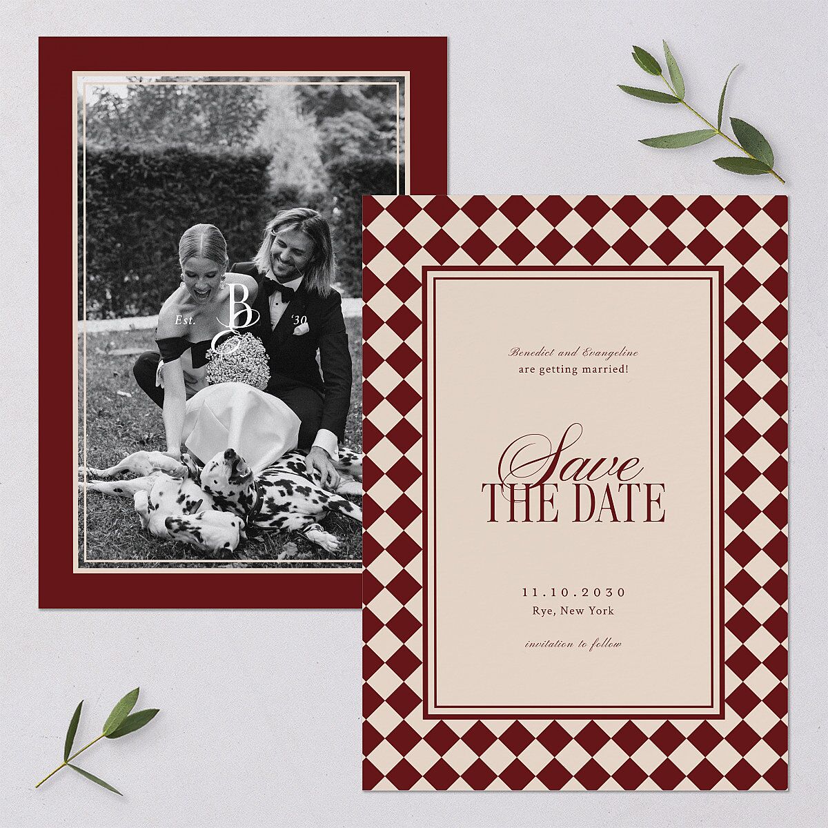 Elegant Diamond Pattern Save the Date Cards Burgundy Signature smooth Blank No Standard