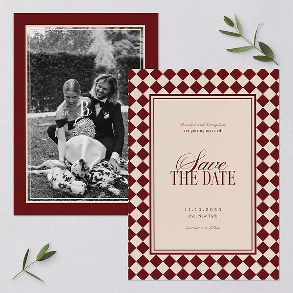 Elegant Diamond Pattern Save the Date Cards Burgundy Signature smooth Blank No Standard