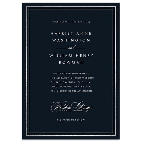 Polished Frame Foil Wedding Invitations Silver Dark Navy Signature Blank No Standard