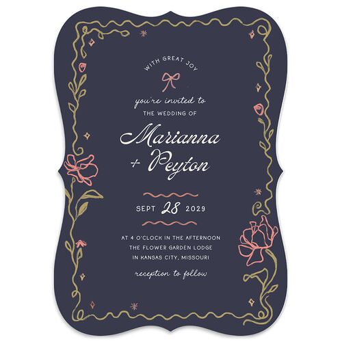 Whimsical Drawn Flowers Wedding Invitations Navy Signature Blank No Bracket