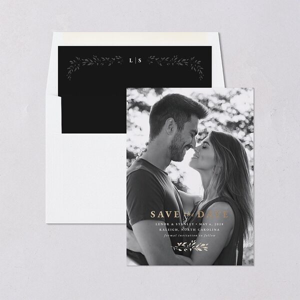 Foliage Accent Save the Date Cards Licorice Gold No Signature smooth Blank