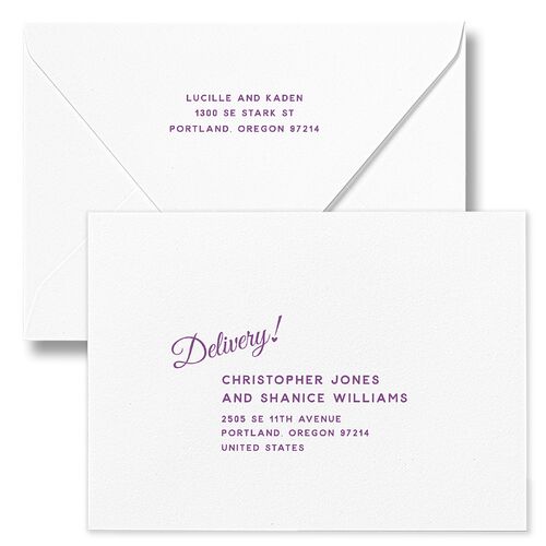 Vintage Heart Locket Rehearsal Dinner Invitation Euro Envelopes Purple Petal White Both Recipient and Return Addresses Luxe Signature