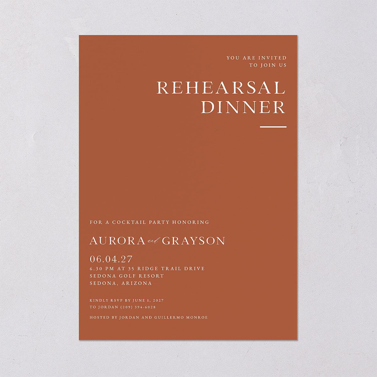 Bohemian Arch Rehearsal Dinner Invitations Rust Signature Blank