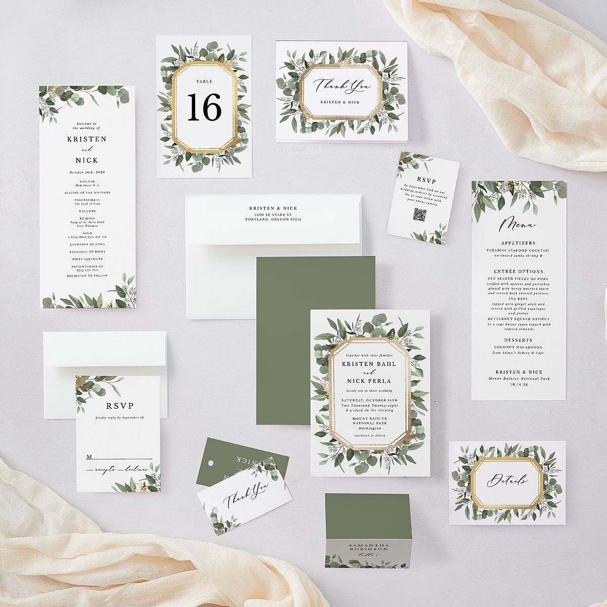 Eucalyptus Frame Foil Table Numbers Gold Pure White Signature