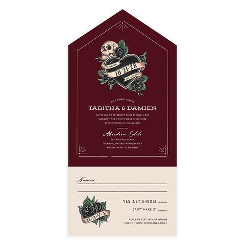 Til Death Tattoos All-in-One Wedding Invitations Burgundy Signature Light Both Recipient and Return Addresses No