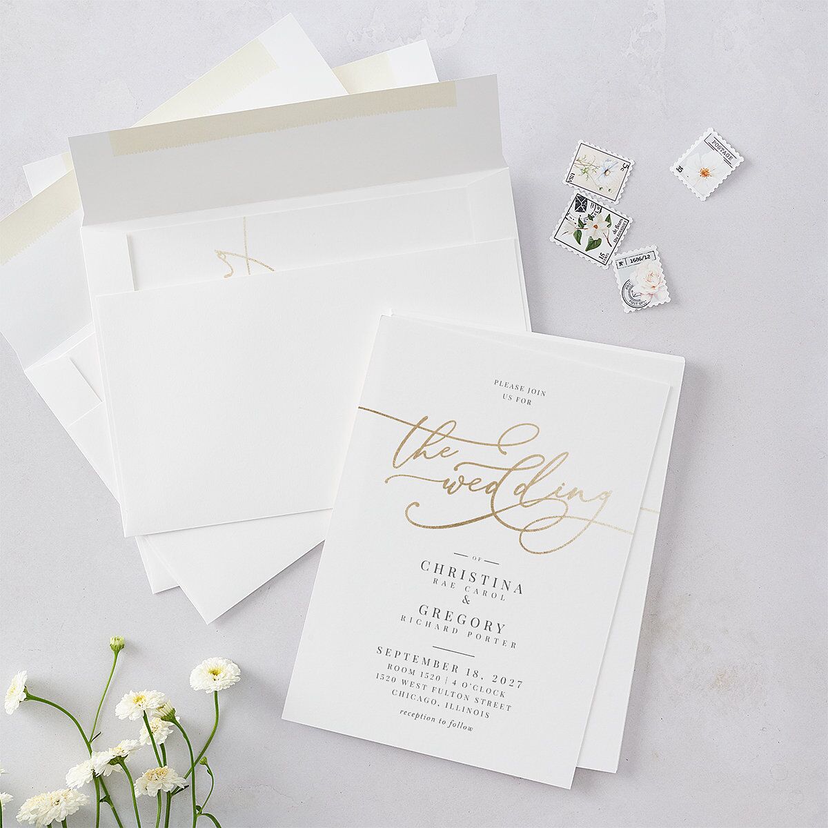 Romantic Calligraphy Foil Wedding Invitations Gold Silver Signature Blank No Standard