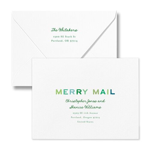 Very Merriest Retro Christmas Thank You Card Euro Envelopes White Aquamarine Both Recipient and Return Addresses Luxe Signature