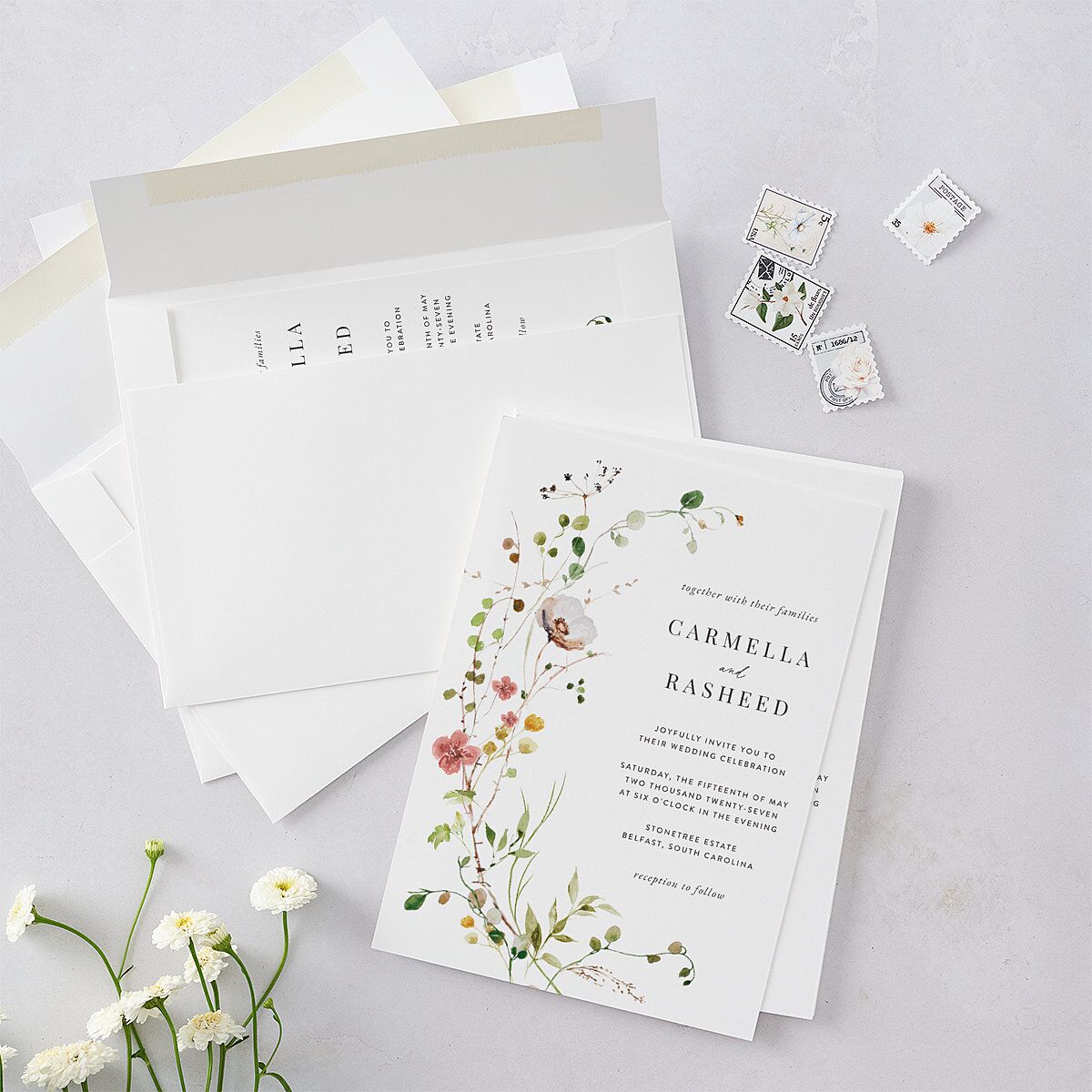 Delicate Wildflower Wedding Invitations Peach Pink Signature Blank No Standard