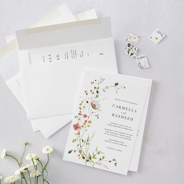 Delicate Wildflower Wedding Invitations Peach Pink Signature Blank No Standard