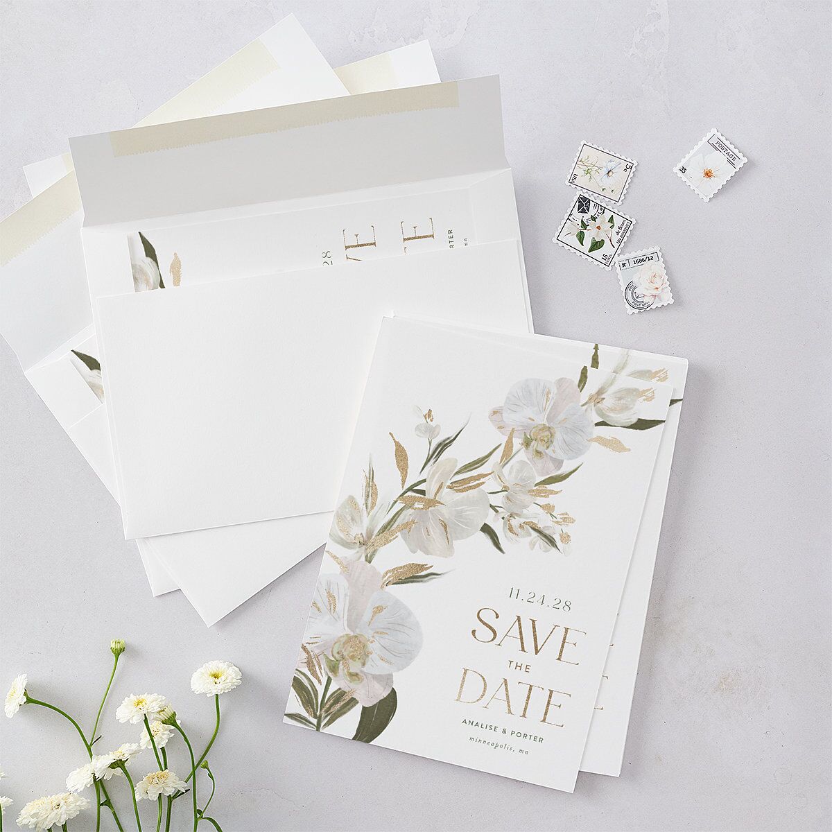 Elegant Orchid Foil Save the Date Cards Gold Pure White Signature smooth Blank No Standard