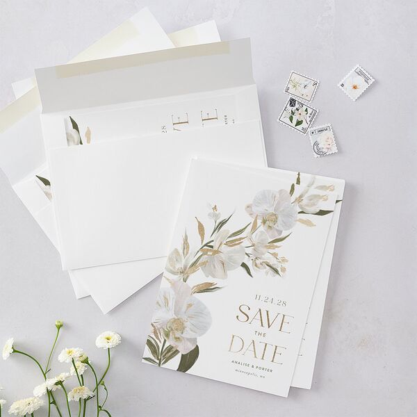 Elegant Orchid Foil Save the Date Cards Gold Pure White Signature smooth Blank No Standard