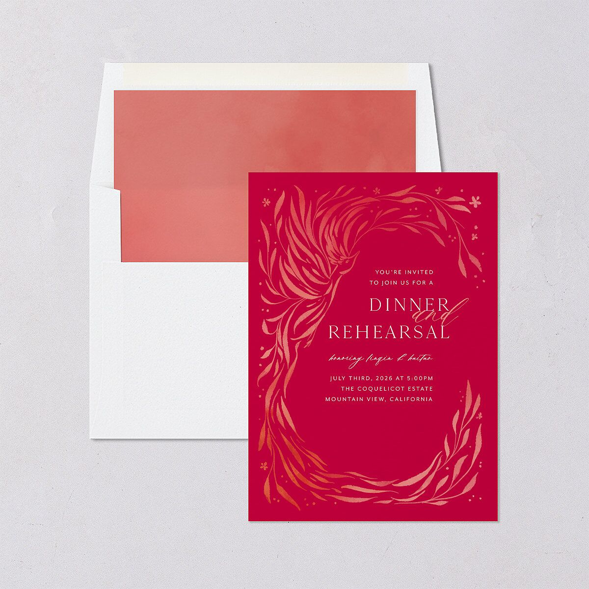 Chinese Phoenix Fenghuang Rehearsal Dinner Invitations Crimson Signature Blank Standard