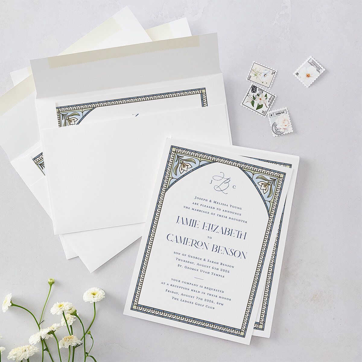 Church Stained Glass Wedding Invitations Moody Blue Signature Blank No Standard