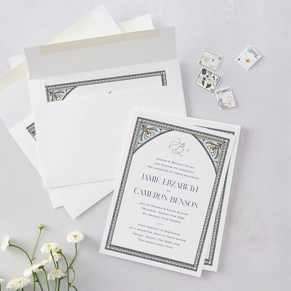 Church Stained Glass Wedding Invitations Moody Blue Signature Blank No Standard