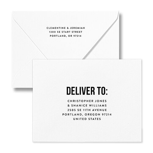 Bold Modern Announcement Save the Date Petite Card Euro Envelopes White Pure White Both Recipient and Return Addresses Luxe Signature