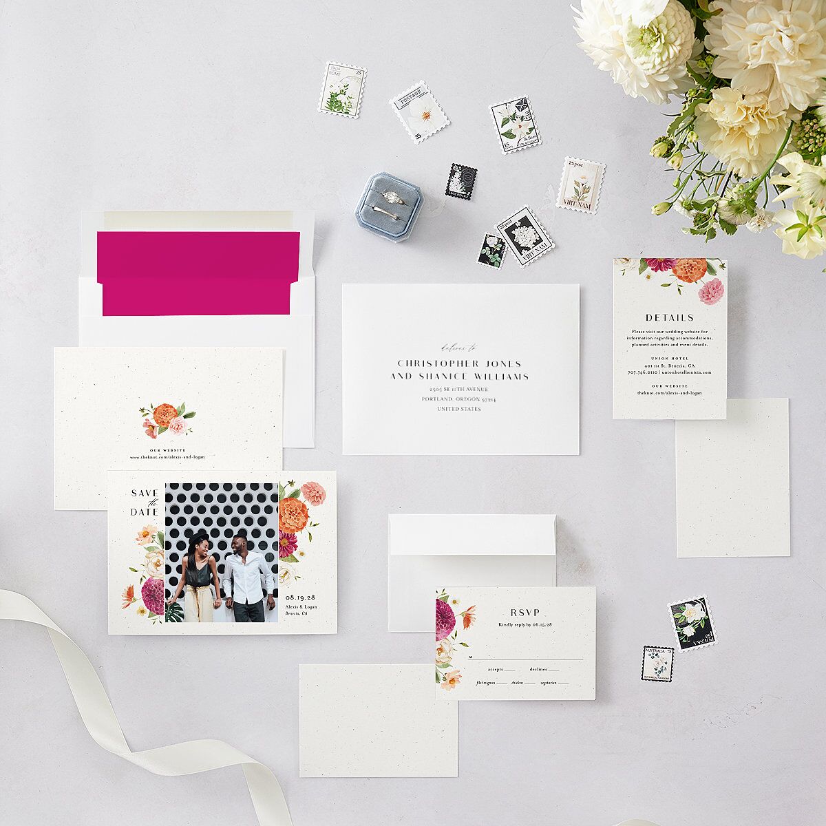 Blooming Dahlias Save The Date Cards Hot Pink Signature smooth Blank No Standard