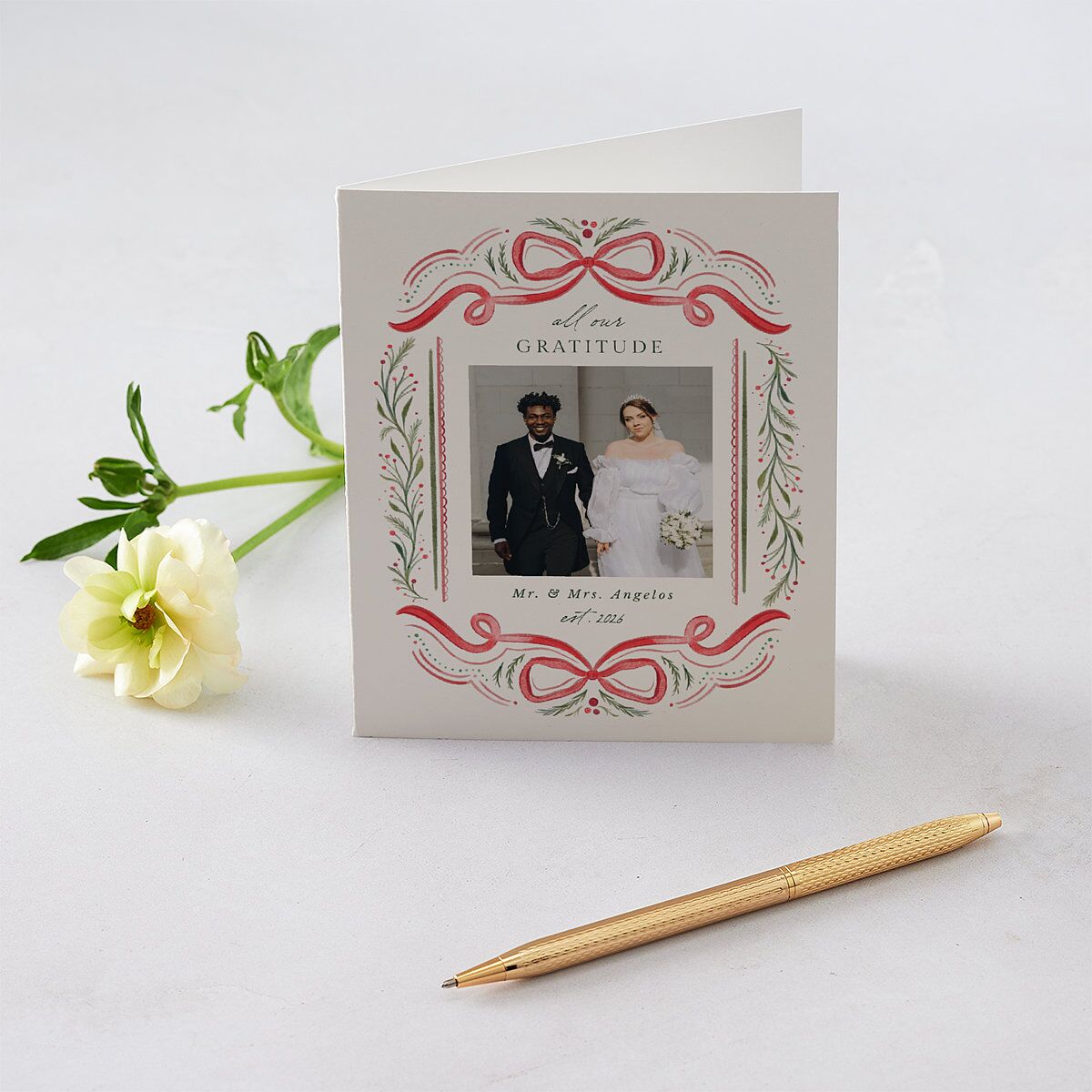 Whimsical Holiday Bow with Garland Thank You Cards Ruby