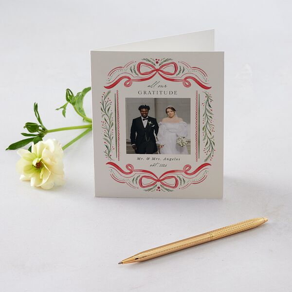 Whimsical Holiday Bow with Garland Thank You Cards Ruby