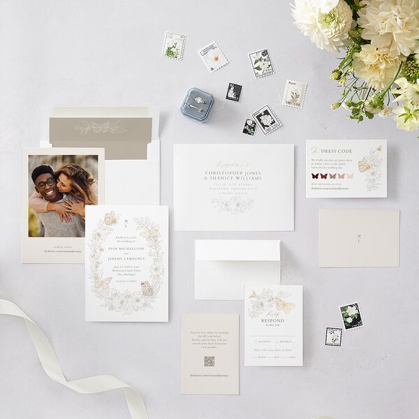 Butterfly Botanical Foil Wedding Invitations Gold Pure White Signature Blank No Standard