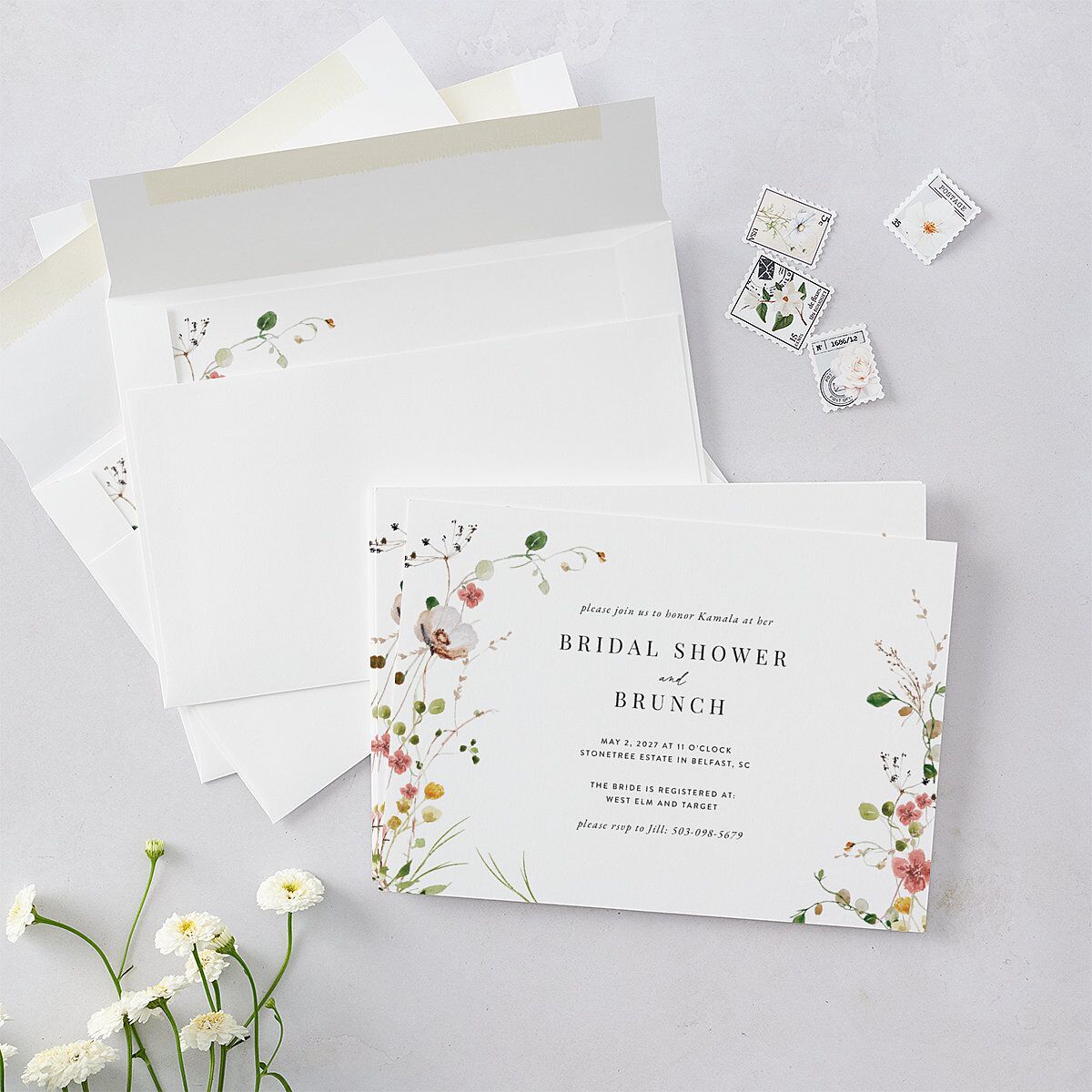 Glistening Wildflower Bridal Shower Invitations Soft Peach Signature Blank Standard
