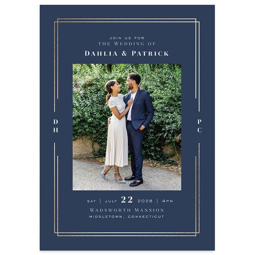 Framed Photo Foil Wedding Invitations Gold Moody Blue Signature Blank No Standard